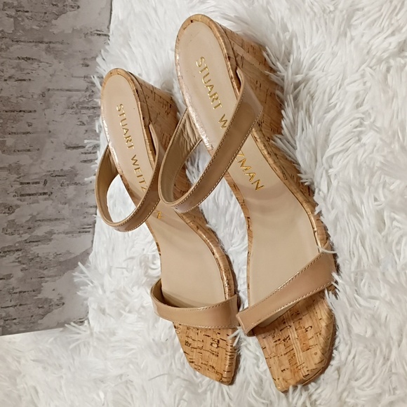 New Stuart Weitzman Aleena Nude Cork Wedge Square Toe Side Slip On Sandals 8B - Picture 3 of 16